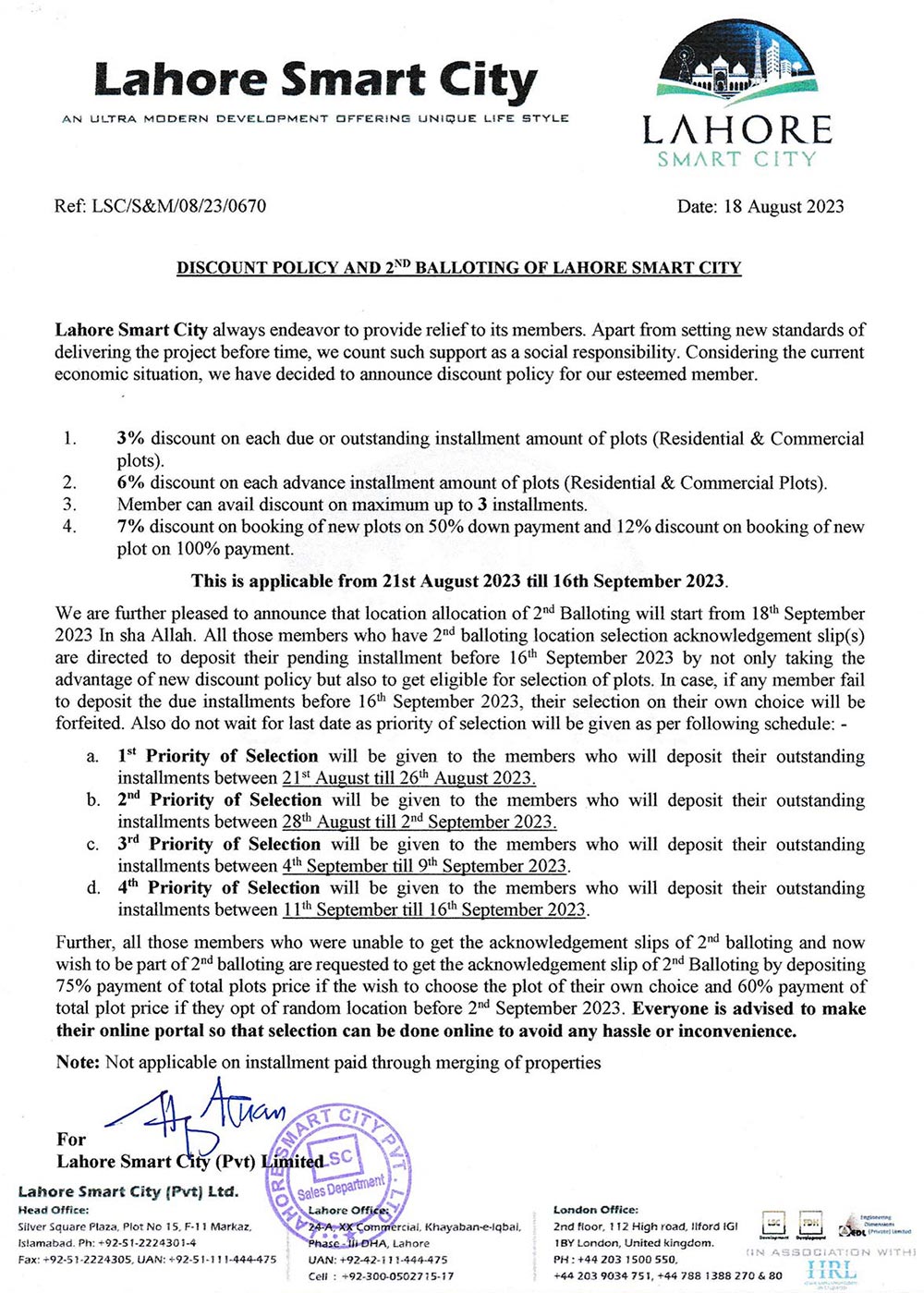 New "Discount Policy" and 2nd Balloting of Lahore Smart City