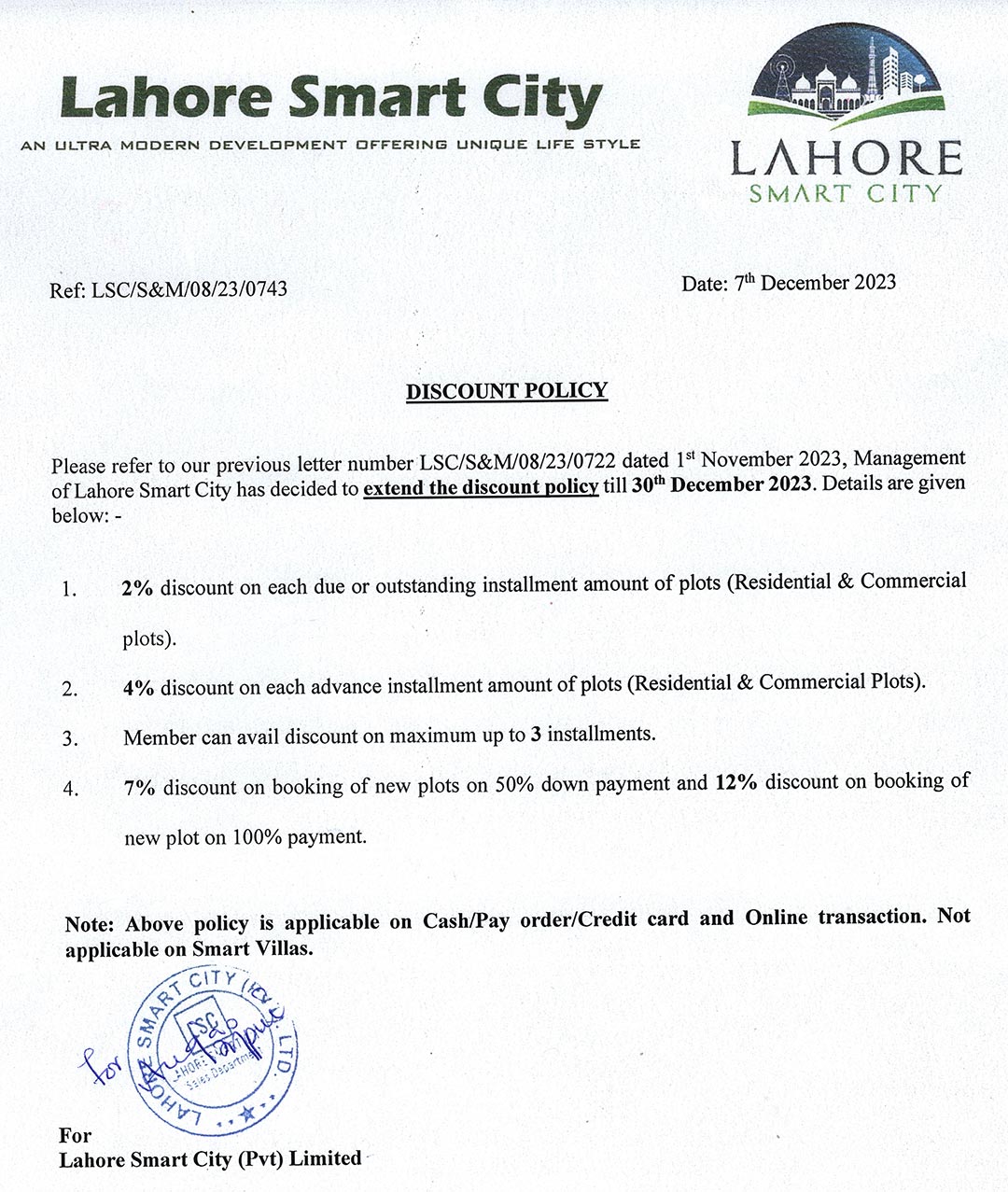 Extension in "Discount Policy" for Lahore Smart City