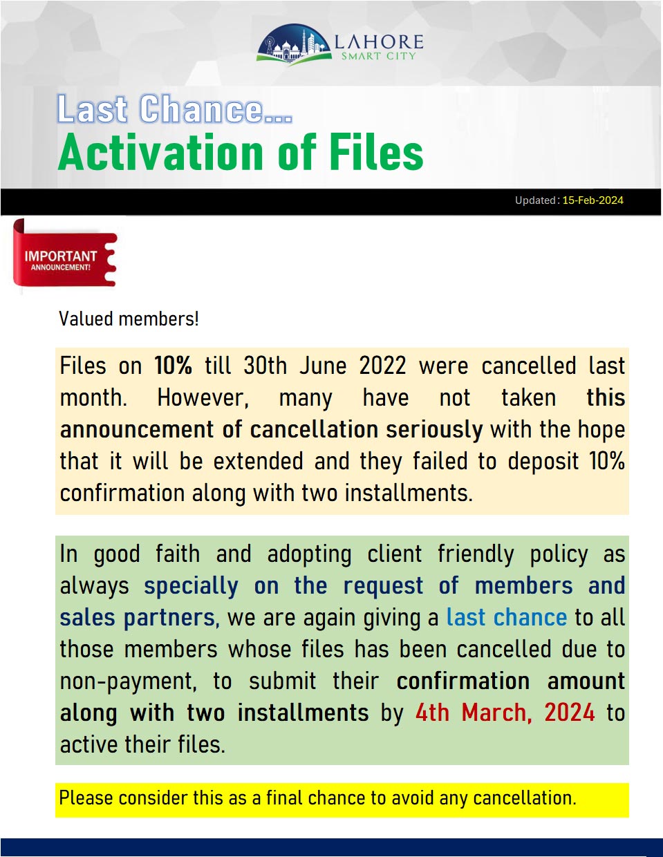 Activation of 10% Cancelled Files